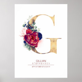 Letter G Monogram Bloemendesign Navyblauw en Borde Poster