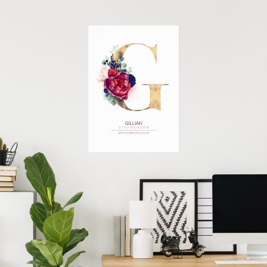 Letter G Monogram Bloemendesign Navyblauw en Borde Poster (Thuiskantoor)