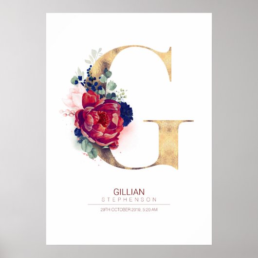 Letter G Monogram Florale Navyblauw en Burgundyroo Poster (Voorkant)