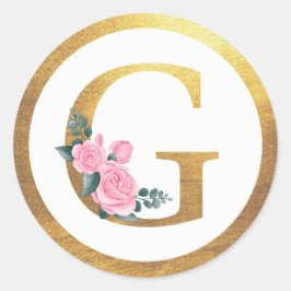 Letter G Monogram Roze Rozen Bloemen & Elegant Gou Ronde Sticker