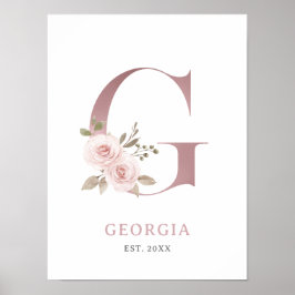 Letter G Monogram Waterverf Roos Bloemen Kinderkam Poster