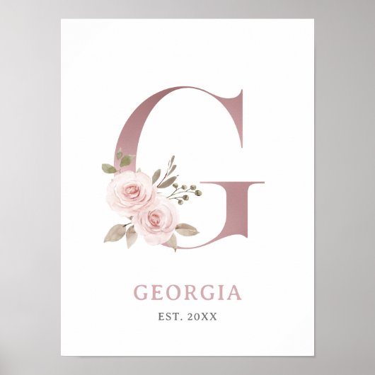 Letter G Monogram Waterverf Roos Bloemen Kinderkam Poster (Voorkant)