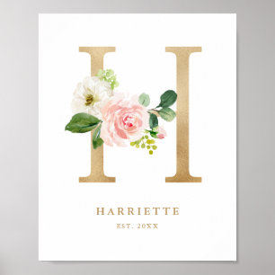 Letter H Blush Floral Monogram Gold Foil Nursery Poster