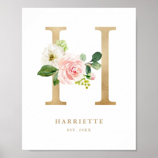 Letter H Blush Floral Monogram Gold Foil Nursery Poster (Voorkant)