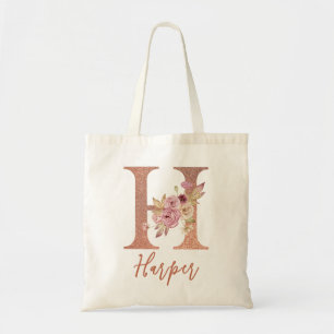 Letter H Blush roze Glitter Floral Monogram Tote Bag