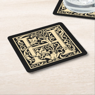 Letter H  eerste letter Sepia Beige op zwart Kartonnen Onderzetters