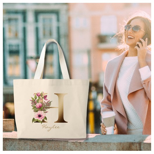 Letter H Elegant Floral Gold Monogram Grote Tote Bag