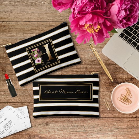 Letter H Floral Monogram Zwart Wit Goud Strepen Etui