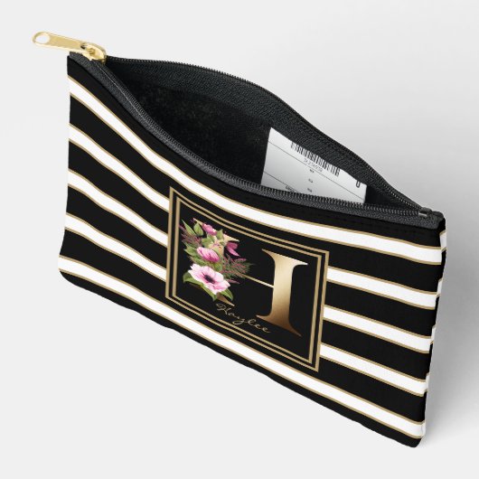 Letter H Floral Monogram Zwart Wit Goud Strepen Etui (Open)