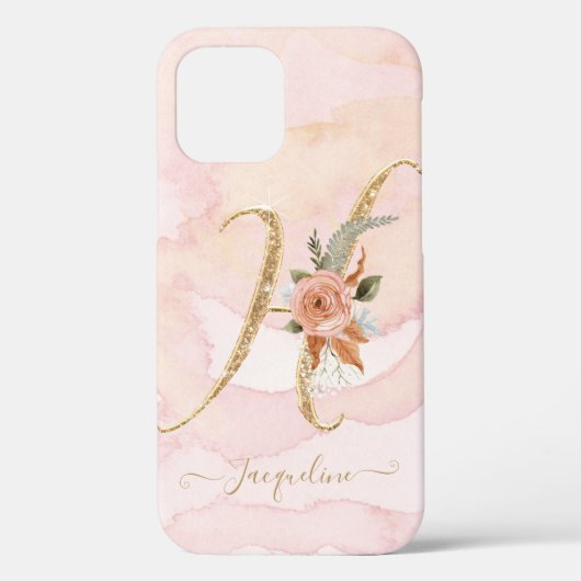 Letter H Gold Script Monogram Waterverf Floral Case-Mate iPhone Case (Achterkant)