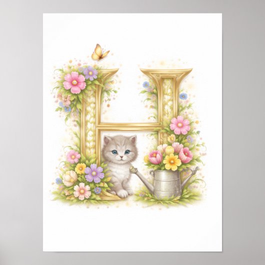 Letter H Gold Spring Nature Monogram Kitten Kids  Poster (Voorkant)
