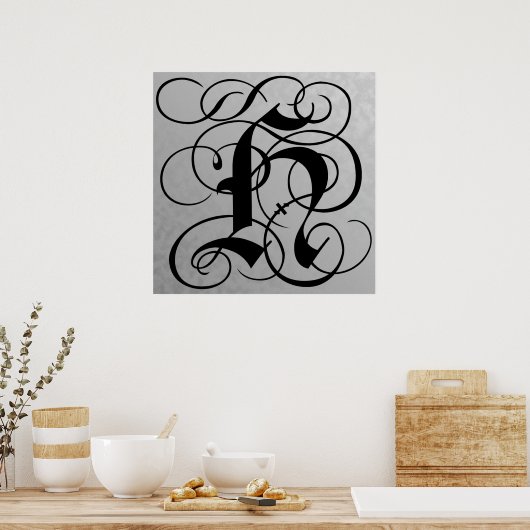 Letter H, Gothic Monogram Black Poster (Keuken)