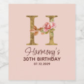 Letter H Gouden Monogram Blush Roze Rozen Wijn Etiket (Enkel label)