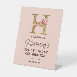 Letter H Gouden Monogram Roze Rozen Bord Reclamebord Met Voetstuk