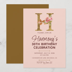 Letter H Gouden Monogram Roze Rozen Kaart
