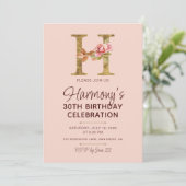 Letter H Gouden Monogram Roze Rozen Kaart (Staand voorkant)