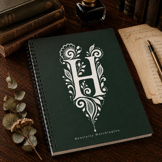 Letter H Linocut Botanische Monogram Notitieboek