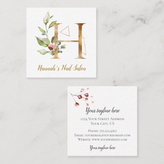 Letter H met gouden geometrische vormgeving en blo Vierkante Visitekaartje (Voorkant / Achterkant)