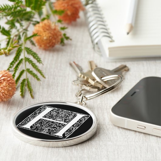 Letter H Monogram Black White "H"-Initialen Sleutelhanger (Zijkant)