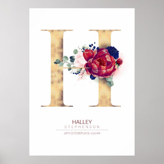 Letter H Monogram Bloemendecor Navyblauw en Bordea Poster (Voorkant)