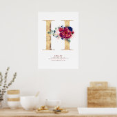 Letter H Monogram Bloemendecor Navyblauw en Bordea Poster (Keuken)