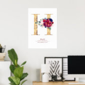 Letter H Monogram Bloemendecor Navyblauw en Bordea Poster (Thuiskantoor)