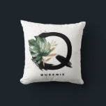 Letter H Monogram palm blaast Tropische schroefdra Kussen<br><div class="desc">letter Q monogram pillow met waterverf tropical monstera leaf, faux gold folie leaf en zwarte waterverf borstelaccenten. Pas dit tropische monogram aan door jouw naam of andere details toe te voegen. Deze boho letter Q monogram kussen zal perfect zijn als geschenk. Andere brieven zijn beschikbaar.</div>