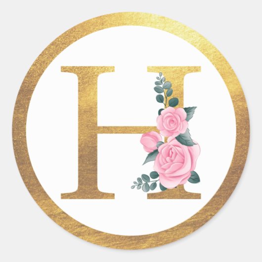 Letter H Monogram Roze Rozen Bloemen & Elegant Gou Ronde Sticker (Voorkant)