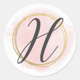 Letter H Monogram Roze Waterverf Goud Chic Ronde Sticker