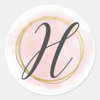 Letter H Monogram Roze Waterverf Goud Chic Ronde Sticker