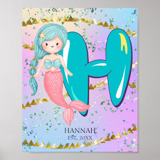 Letter H Monogram Waterverf Cute Mermaid Nursery Poster (Voorkant)