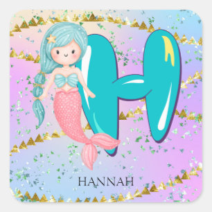 Letter H Monogram Waterverf Cute Mermaid Nursery Vierkante Sticker