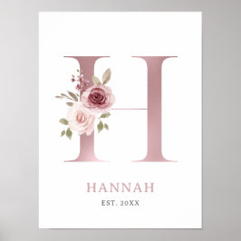 Letter H Monogram Waterverf Roos Bloemen Kinderkam Poster