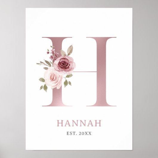 Letter H Monogram Waterverf Roos Bloemen Kinderkam Poster (Voorkant)