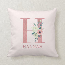 Letter H Roze Waterverf Bloemen Monogram Kinderkam Kussen