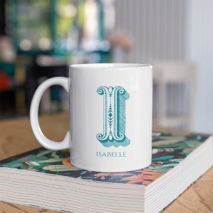 Letter I Blauwgroen Monogram Modern Naam Koffiemok