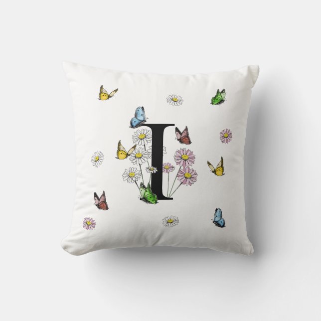 Letter I Bloem Vlinder Monogram Initiaal Kussen (Voorkant)