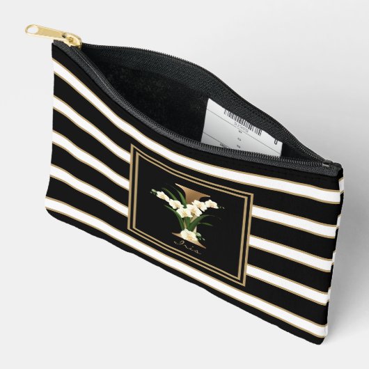 Letter I Bloemmonogram Zwart Wit Gouden Strepen Etui (Open)