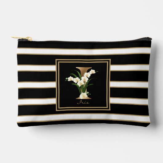 Letter I Bloemmonogram Zwart Wit Gouden Strepen Etui (Voorkant)