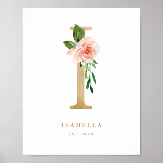 Letter I Blush Floral Monogram Gold Foil Nursery Poster (Voorkant)