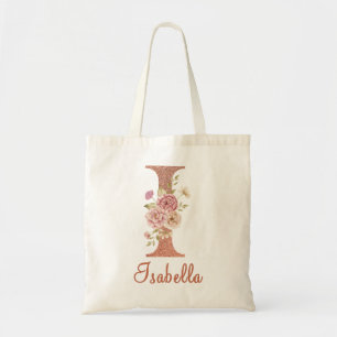Letter I Blush roze Glitter Floral Monogram Tote Bag
