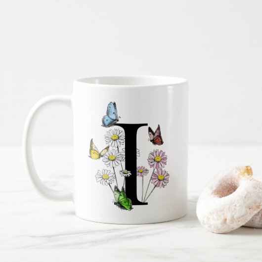 Letter I Botanische Waterverf Butterfly Monogram Koffiemok (Met donut)
