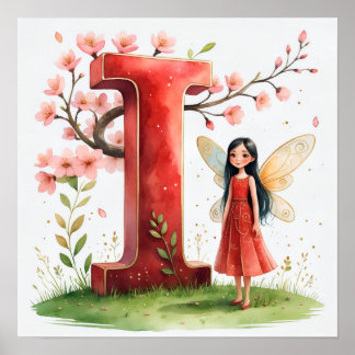 Letter I Cherry Blossom Fairy Poster - Fairy Art 