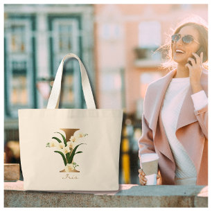 Letter I Elegante Bloem Gouden Monogram  Grote Tote Bag