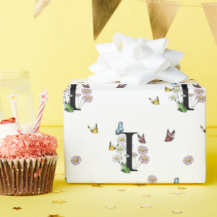Letter I Floral Waterverf Butterfly Monogram Cadeaupapier