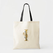 *~* Letter I Gold Monogram Initiaal Black Leaves Tote Bag (Voorkant)