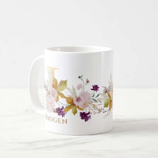 Letter I - Gouden bloem naam zus collega vriend Koffiemok (Voorkant links)