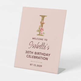 Letter I Gouden Monogram Roze Rozen Teken Reclamebord Met Voetstuk