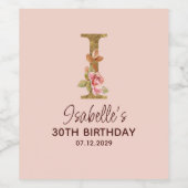 Letter I Gouden Monogram Roze Rozen Wijn Etiket (Enkel label)