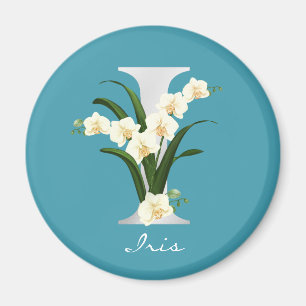 Letter I Metallic White Monogram Orchideeën   Naam Magneet